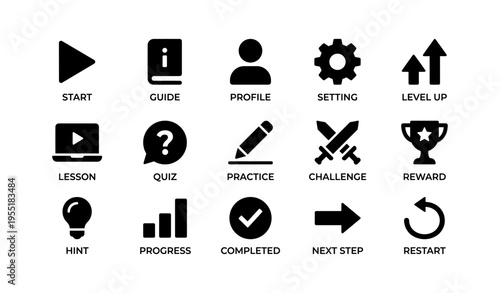 Game interface icons including start, guide, profile, setting, level up, and more