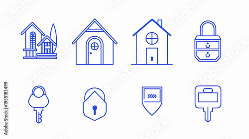 Blue line art shows houses, locks, keys, and shields against a white background