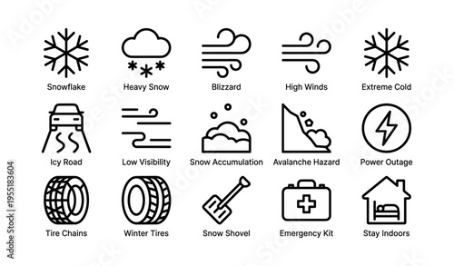 Winter weather icons for safety and preparedness: alerts and precautions