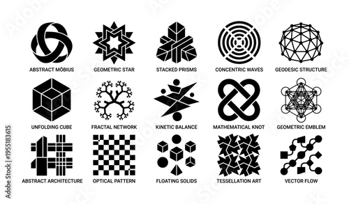 Sixteen abstract geometric designs featuring patterns and structures