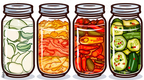 Four jars filled with pickled vegetables, arranged in a neat row, cartoonish style