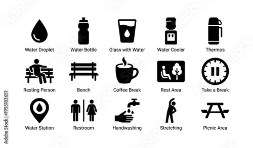 Assorted icons including water droplet, coffee break, rest area, thermos, restroom, picnic