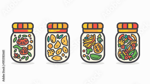 Line art jars with colorful pickled vegetables, each jar has a different assortment inside