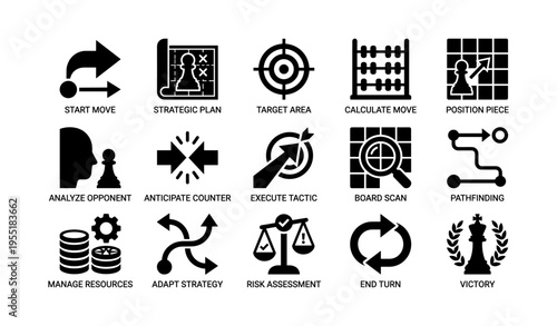 Chess strategy icons set for game planning and tactical analysis