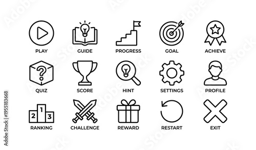 Icon set for game design: challenge, reward, progress, goal, achievement, settings
