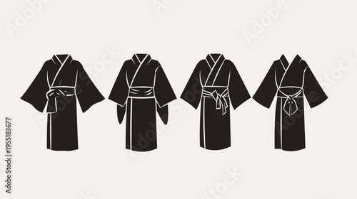 Four black kimonos with different belt styles against a white background