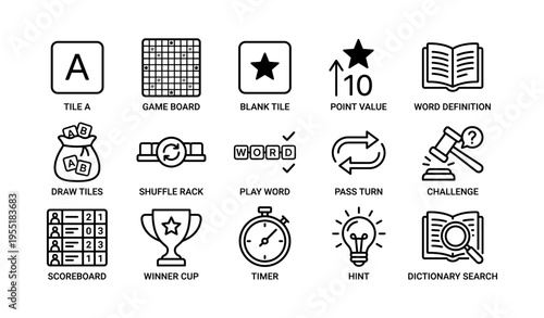 Board game elements: tiles, scoreboard, timer, stars, and cup