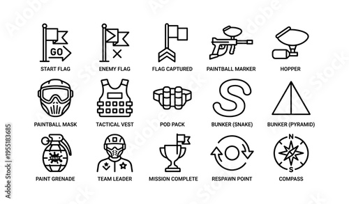Paintball icons collection featuring flags, markers, masks, vests, and grenades