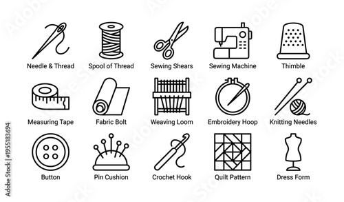 Sewing tools icons: needle, thread, sewing machine, thimble, and more