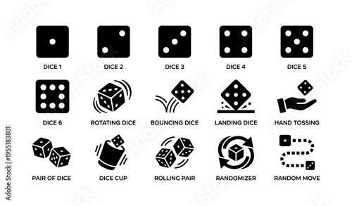 Set of dice icons showing various configurations and actions