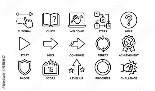 Set of linear icons for tutorials, guides, and game achievements