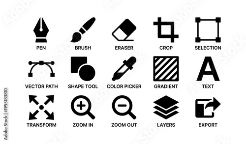 Icons for design tools: pen, brush, eraser, crop, selection, and more