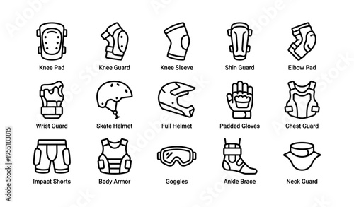 Protective gear icons: knee, elbow, helmet, gloves, armor, guard