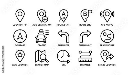 Navigation icons set: location, route, compass, gps, traffic