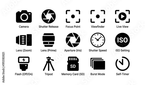 Photography icon set: camera, lens, tripod, flash, iso settings, shutter, aperture