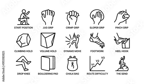 Rock climbing techniques and equipment icons for effective training