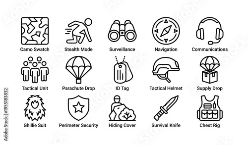Tactical symbol icons featuring camo, surveillance, navigation, and security gear