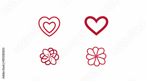 Sparse array of four simplistic, linear, red heart & floral symbols on white