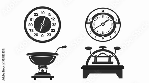 An arrangement of stylized, solid black illustrations of tools on white