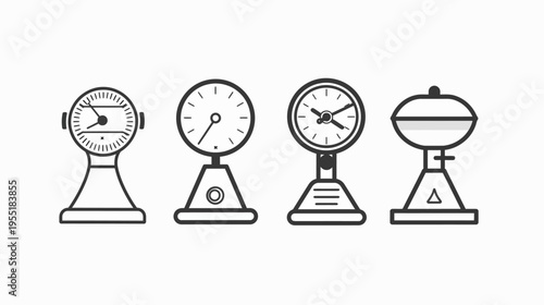 Four outlined icons of gauges and a round container with triangle base stand in a row