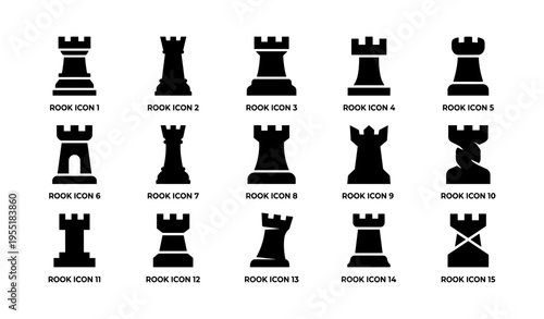Set of fifteen unique rook icons in various styles for chess design