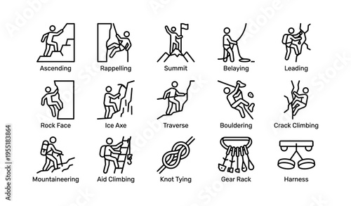 Climbing techniques and gear icon set illustration