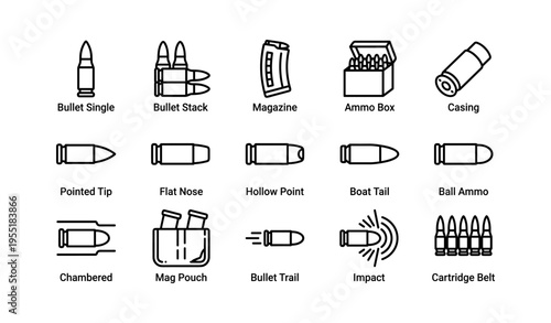 Bullet types and accessories icons: flat nose, hollow point, ammo box, magazine, bullet trail