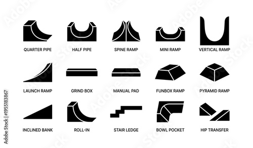 Skatepark ramp and obstacle icons: quarter pipe, half pipe, spine ramp, mini ramp, vertical ramp