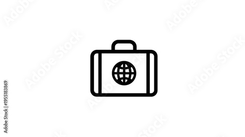 A black and white graphic icon of a suitcase, with a globe emblem in the middle