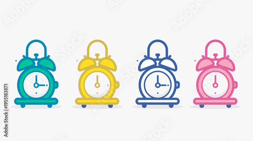 Four colorful cartoon-style alarm clocks in a row on a white background