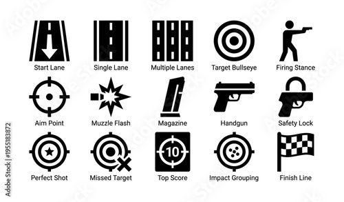 Shooting range icons: targets, lanes, and gun safety symbols