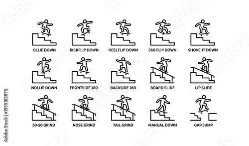 Skateboarding trick icons: steps, flips, grinds, and slides