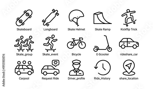 Assorted urban transportation icons including skateboards, scooters, and rideshare symbols