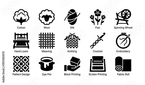 Textile techniques and tools icons: cotton, wool, silk, weaving, knitting, embroidery