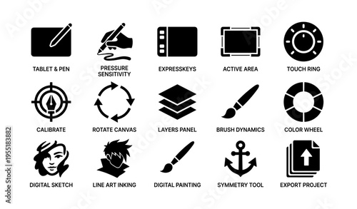 Digital art tools and features icons set in black and white