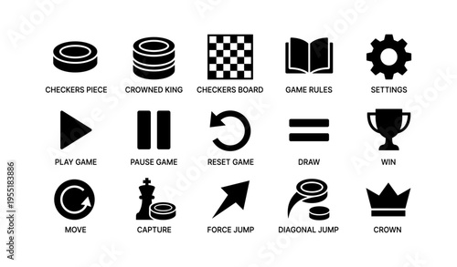 Checkers game icons: pieces, board, rules, settings, moves, capture, crown
