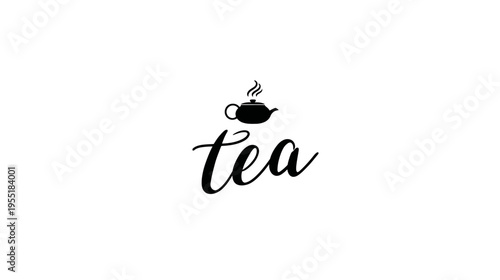 Minimalistic black and white illustration with a teapot icon and elegant "tea" script below