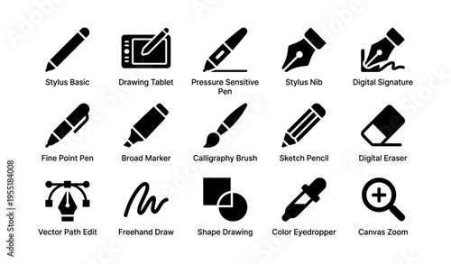 Drawing tools icon set: tablet, pens, brushes, pencil, eraser, vector, zoom