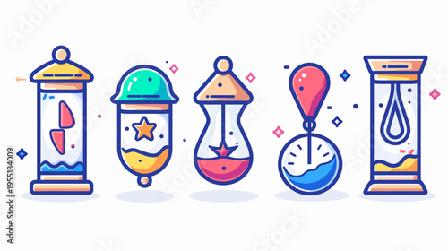 Five cartoon container designs with stylized liquids and unique shapes and elements