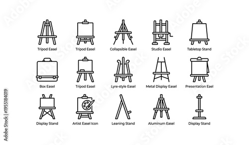 Various types of easels and stands for artists and displays