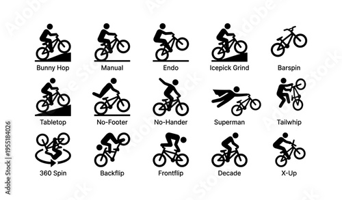 Bmx stunt icons: bunny hop, tailwhip, barspin, superman, frontflip techniques illustrated