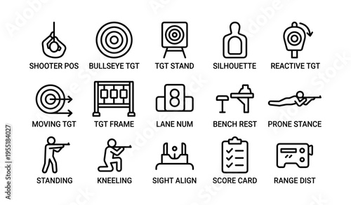 Shooting range icons: targets, stances, equipment