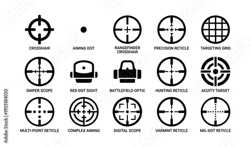Collection of various sight reticles and aiming dots for target practice
