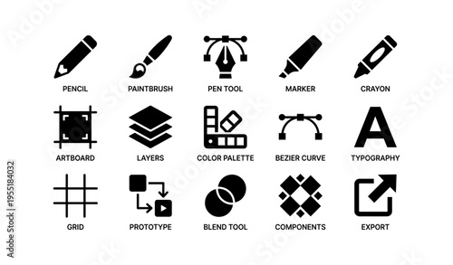 Graphic design tools icons: pencil, brush, pen, marker, crayon, typography, prototype, export