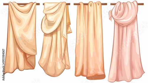 Four rendered fabric draperies in beige/pale peach colors hang from wooden rods
