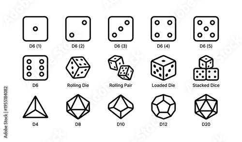 Variety of dice: d4, d6, d8, d10, d12, d20 with multiple configurations