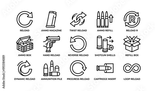 Reload icons: ammo, magazine, shells, cartridge, dynamic, loop, hand, twist, reverse