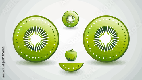 Stylized fruit slices and a whole fruit display a vibrant green, outlined in white