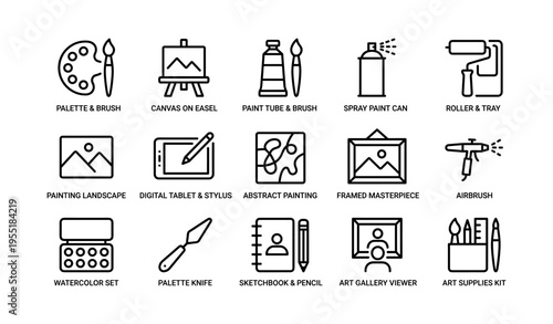 Art supplies icons: tools for painting and drawing