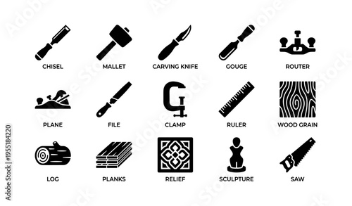 Woodworking tools icons: chisel, mallet, carving knife, gouge, router, plane, file, clamp, ruler